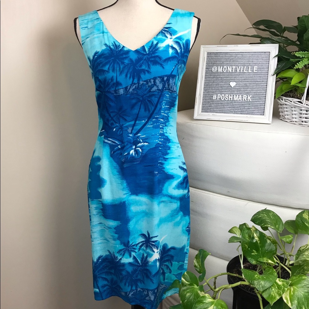 Tiki Girl Small Rayon Blue Hawaiian Print Dress